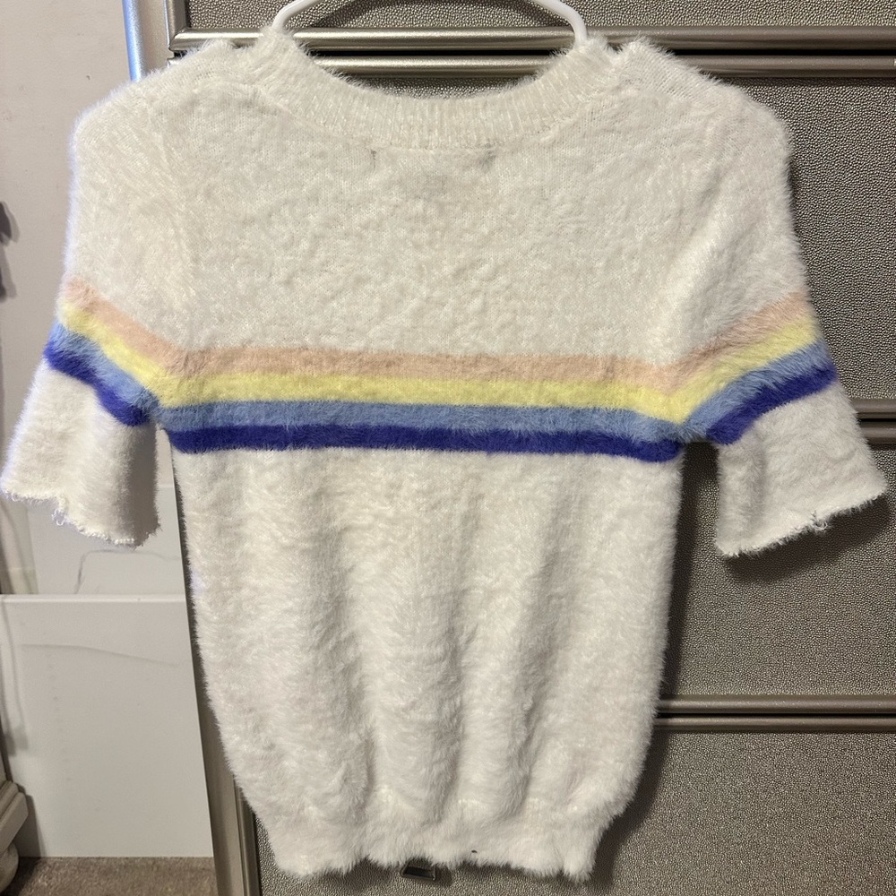 Fuzzy, stretchy, short sleeve white sweater with pastel stripes